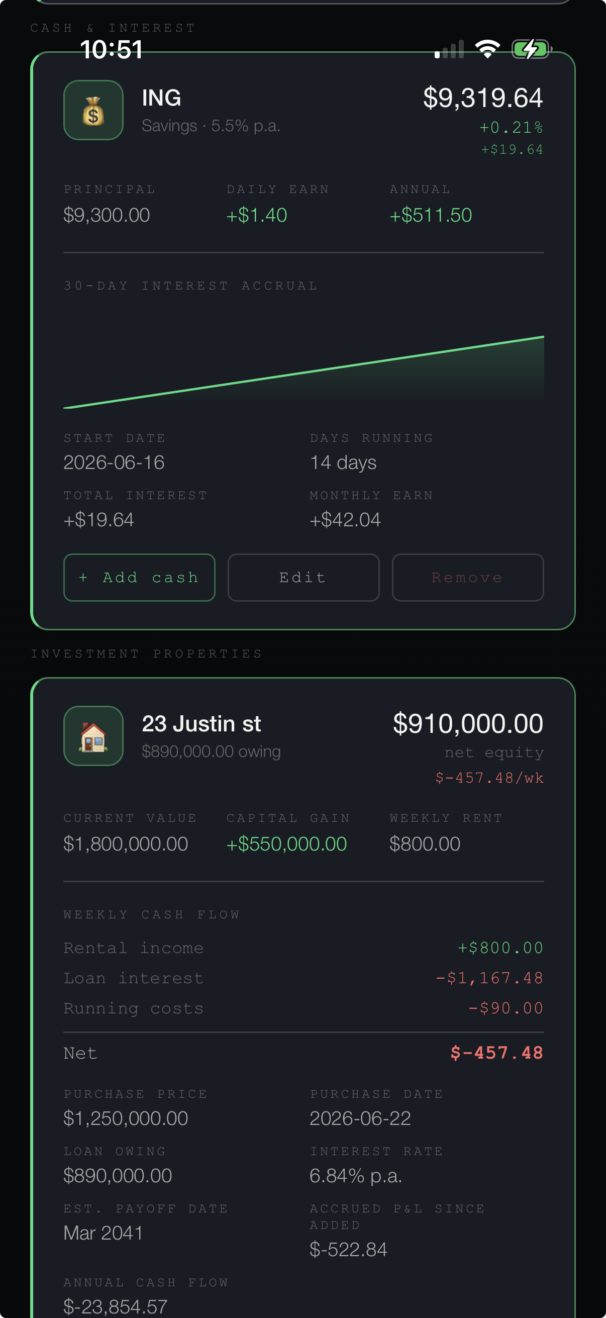 Accrue property and cash tracking